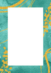 Obraz premium Abstract green frame for wedding card with watercolor shapes, splash, line elements, dots. Minimalist banner for social media posts, birthday card, mobile apps, greeting cards, baby shower card