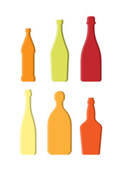 Set drinks. Alcoholic bottle. Beer vermouth red wine champagne tequila whiskey. Simple shape isolated with shadow and light. Colored illustration on white background. Flat design style