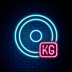 Glowing neon line Weight plate icon isolated on brick wall background. Equipment for bodybuilding sport, workout exercise and fitness. Colorful outline concept. Vector