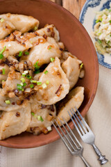 Ukrainian dumplings with onions. Top view