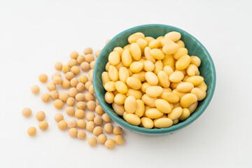Soybeans with water on a pure white background