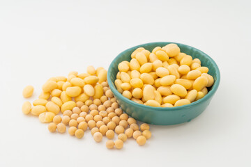 Soybeans with water on a pure white background