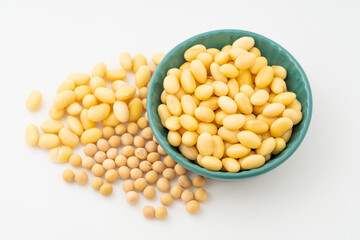 Soybeans with water on a pure white background