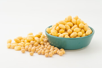Soybeans with water on a pure white background