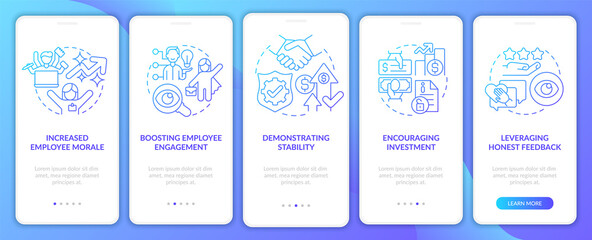 Transparency benefits blue gradient onboarding mobile app screen. Trust walkthrough 5 steps graphic instructions pages with linear concepts. UI, UX, GUI template. Myriad Pro-Bold, Regular fonts used