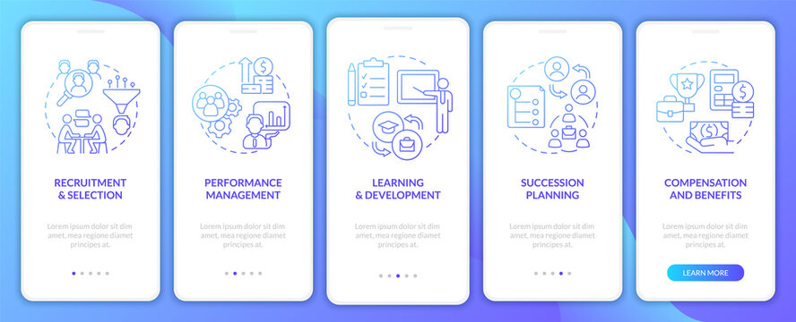 HR basics blue gradient onboarding mobile app screen. Recruitment walkthrough 5 steps graphic instructions pages with linear concepts. UI, UX, GUI template. Myriad Pro-Bold, Regular fonts used