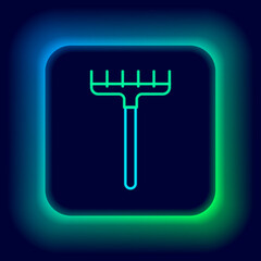 Glowing neon line Garden rake icon isolated on black background. Tool for horticulture, agriculture, farming. Ground cultivator. Housekeeping equipment. Colorful outline concept. Vector