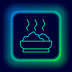 Glowing neon line Bowl of hot soup icon isolated on black background. Colorful outline concept. Vector