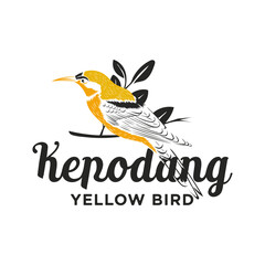 Bird yellow logo standing on a tree branch