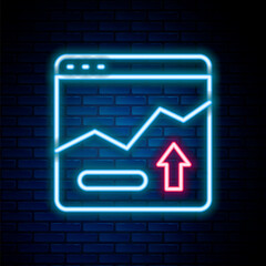 Glowing neon line Financial growth increase icon isolated on brick wall background. Increasing revenue. Colorful outline concept. Vector