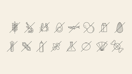 Conjunto de 14 iconos de menú de alérgenos alimentarios en círculos. Gluten, huevos, leche, frutos secos, pescado, sésamo, gambas, alergia iconos vectoriales.