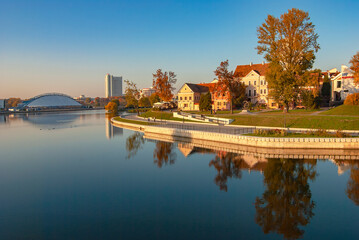 Minsk. Belarus. View of the Svisloch River in the center of Minsk. 