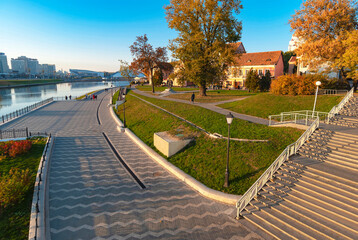 Minsk. Belarus. View of the Svisloch River in the center of Minsk. Stairs. Descent to the river embankment