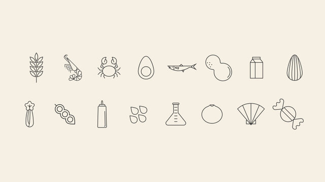 Conjunto de 14 iconos de men&uacute; de al&eacute;rgenos alimentarios en c&iacute;rculos. Gluten, huevos, leche, frutos secos, pescado, s&eacute;samo, gambas, alergia iconos vectoriales.