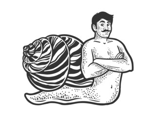 snail man sketch engraving raster illustration. T-shirt apparel print design. Scratch board imitation. Black and white hand drawn image.