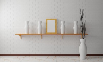 white vase on the wooden shelf on white brick wall.3d rendering.