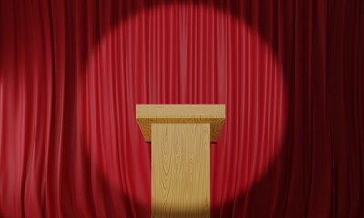 wood announcement podium and red curtain on the wooden stage.3d rendering.
