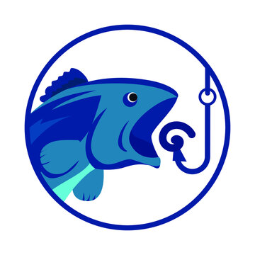 Fish eat a worm on a hook ,blue round sign on white background.Design template icon,badge, pictogram,symbol.Vector illustration