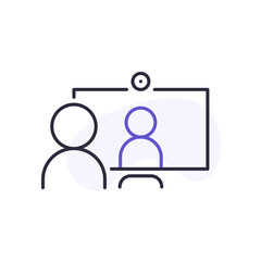 Phone in human hand with human on screen and clock. Video conference and online meeting concept. Distance work and learning. Vector illustration. Laptop, computer, smartphone, chatting, conferencing