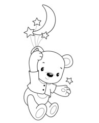 Teddy bear black and white outline illustration. Coloring book or page for kids