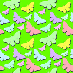 Fototapeta na wymiar Seamless pattern in a modern style, colorful butterflies on a green background. Modern design for paper, cover, fabric, interior decor.