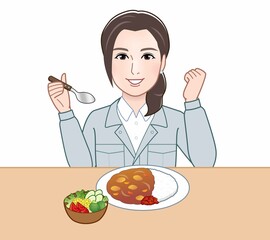 職場で食事をしている女性