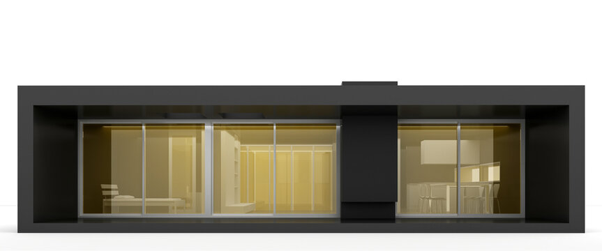 frontal view of a one-storey modern black house with panoramic transparent windows