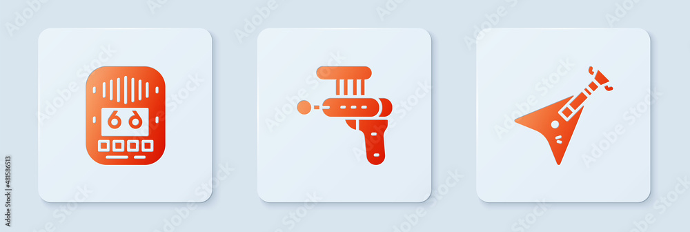 Sticker Set Ray gun, Cassette tape player and Electric bass guitar. White square button. Vector