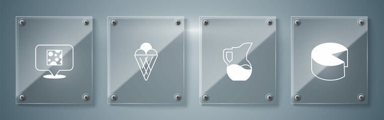Set Cheese, Milk jug or pitcher, Ice cream in waffle cone and . Square glass panels. Vector