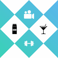 Set Paper package for milk, Dumbbell, Movie Video camera and Martini glass icon. Vector