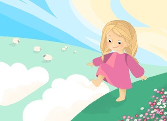 Illustration for a children's book. girl, sun and clouds