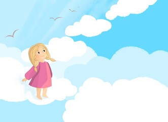 Illustration for a children's book. girl, sun and clouds
