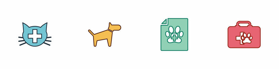 Set Veterinary clinic, Dog, Medical certificate for dog or cat and Pet first aid kit icon. Vector