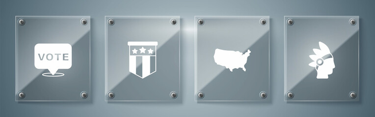 Set Native American Indian, USA map, flag and Vote. Square glass panels. Vector