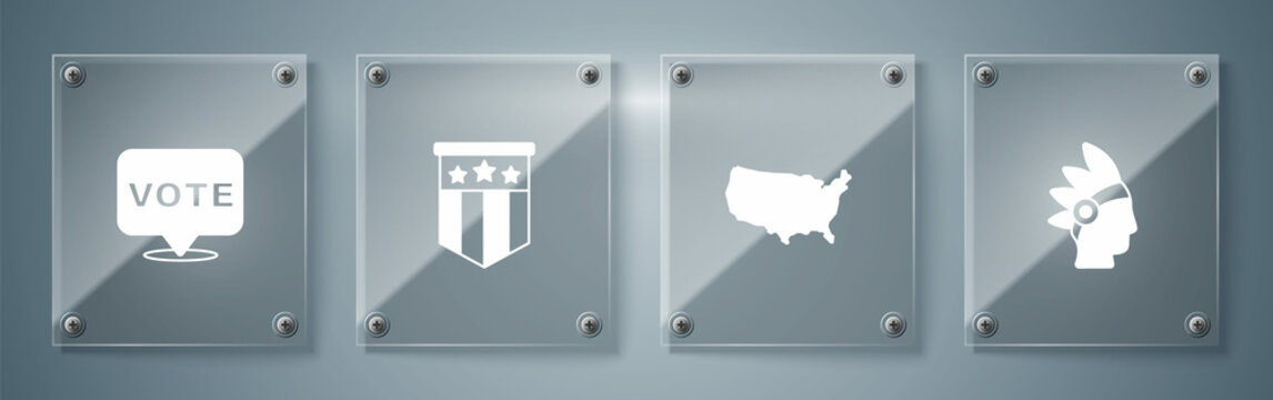 Set Native American Indian, USA map, flag and Vote. Square glass panels. Vector
