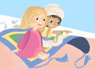 Illustration for a children's book. Girl and carpet plane and desert