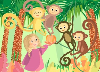 Illustration for a children's book. Girl and monkey in the jungle