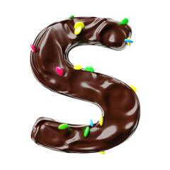 Chocolate letter S on a white background sweet chocolate hazelnut spread with multicolored dragee candies realistic 3D render
