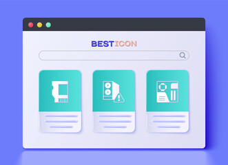 Set Case of computer, SD card and Motherboard digital chip icon. Vector