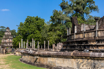 Fototapeta na wymiar Sri Lanka. The ancient city of Polonnaruwa. Circular Vatadage. The Sacred Quadrangle. Historical landmark. 
