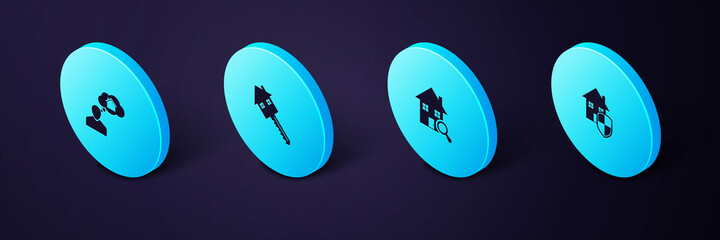 Set Isometric House under protection, Search house, with key and Man dreaming about buying icon. Vector