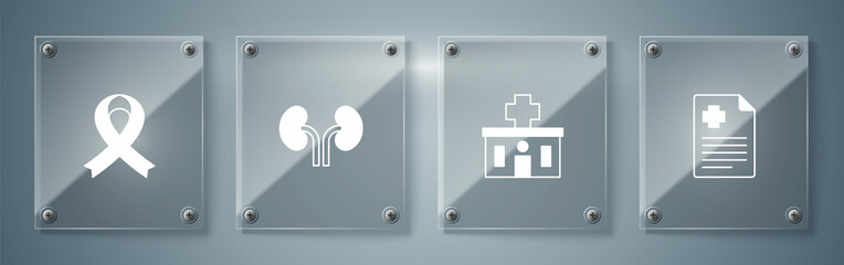 Set Patient record, Hospital building, Human kidneys and Awareness ribbon. Square glass panels. Vector
