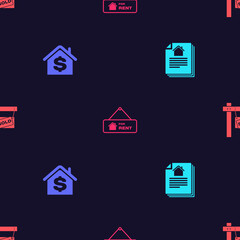 Set House contract, with dollar, Hanging sign For Rent and Sold on seamless pattern. Vector
