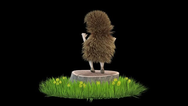 Hedgehog dancing a maraschino dance on a stump