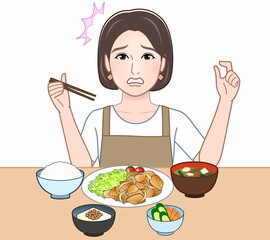 食べ物を食べている主婦のイラスト