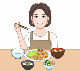 食べ物を食べている主婦のイラスト