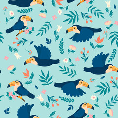 Seamless pattern birds toucans and flowers. Vector graphics.