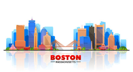 Boston ( Massachusetts) city skyline white background. Flat vector illustration. Business travel and tourism concept with modern buildings. Image for banner or website.	

