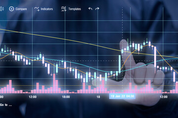A young man in a coat is scrolling a hologram digital screen with his hands. Then use your hand to scroll the screen to see the stock chart that is being displayed.