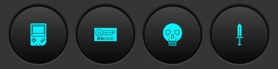 Set Portable video game console, Create account screen, Skull and Sword for icon. Vector